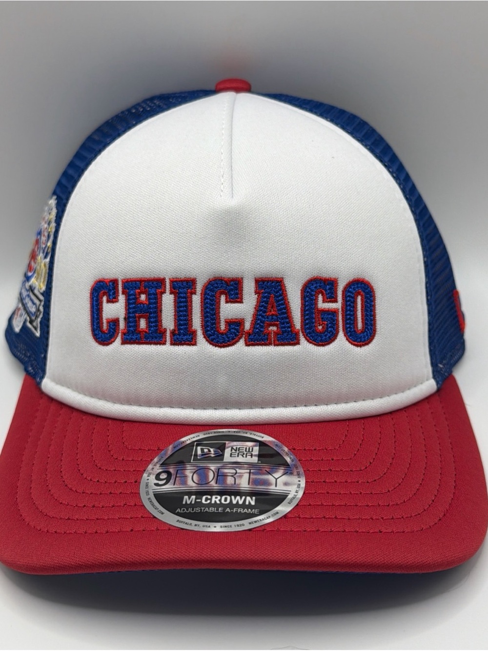 Chicago Cubs New Era 9FORTY M-Crown Mesh Trucker A-Frame Cap White Red Blue